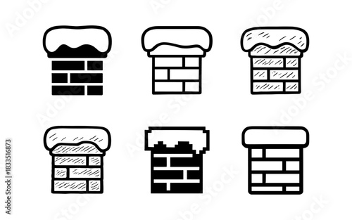 Set of snow-capped chimney brick designs in outline style