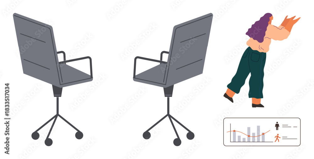 Fototapeta premium Two office chairs, a person walking with items in hand, and a bar graph. Ideal for workplace culture, productivity, mobility, staff turnover, business analytics leadership teamwork. Simple flat