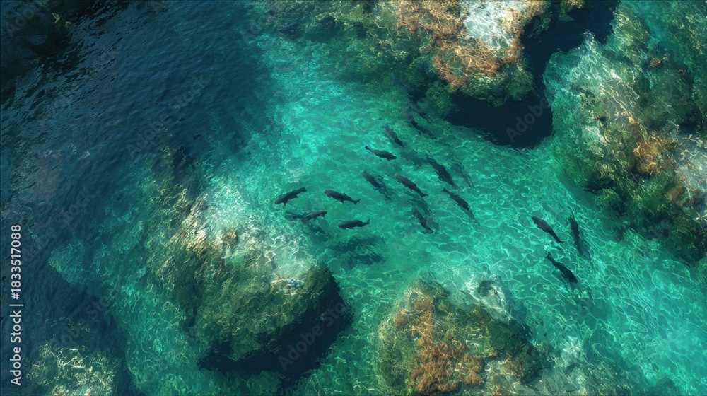 Obraz premium Underwater Scene with Clear Blue Water and Group of Fish Swimming Among Rocky Coral Reefs in Vibrant Nature