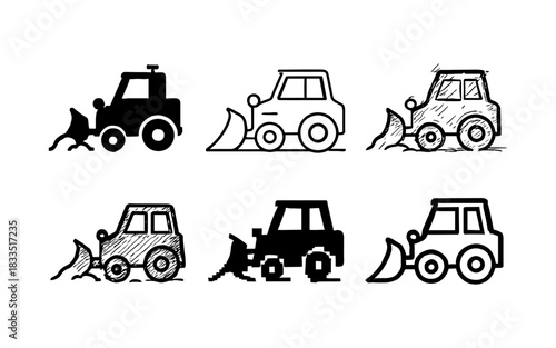 Variety of snowplow tractor icons in different artistic styles