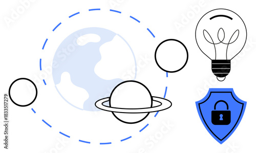 Digital innovation, cybersecurity, knowledge sharing, planetary science, global connectivity, secure ideas. Planet and Saturn orbiting, shield with lock and light bulb icon. Innovation