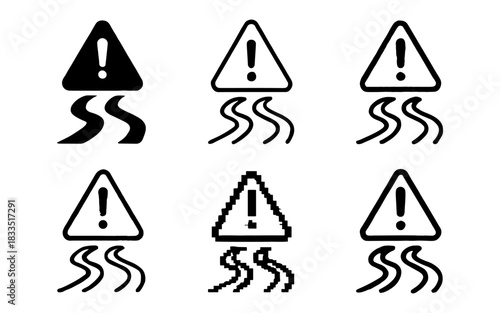 Diverse styles of slippery road signs: silhouette to pixel art variations