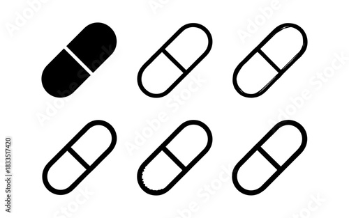 Variety of minimalist pill icons in different styles on white background
