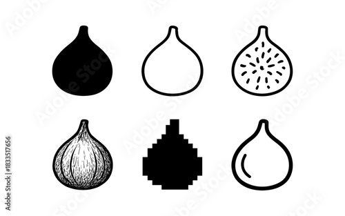 Minimalistic fig icons collection: silhouette, outline, geometric, pixel, sketch, line art styles