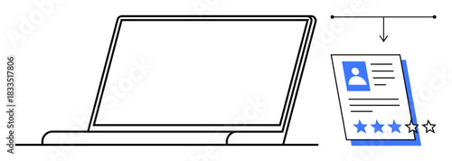 Open laptop with downward arrow connecting to a candidate profile sheet featuring stars and photo. Ideal for recruitment, hiring processes, HR systems, digital skills, career evaluation, business