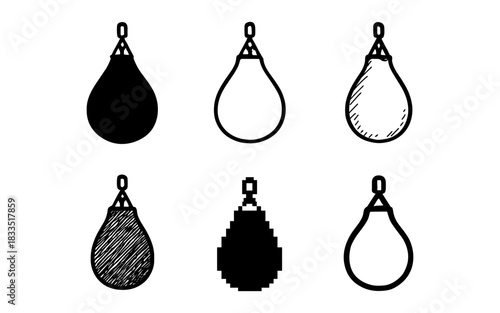 Set of punching bag icons: outline, silhouette, pixel art variations