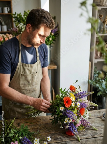 Creative male florist arranging vibrant wildflowers on rustic table in shop interior