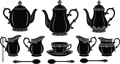 Vintage tea set silhouette, elegant teapot and cup collection, ornate kitchenware illustration, classic tea service vector, black and white design