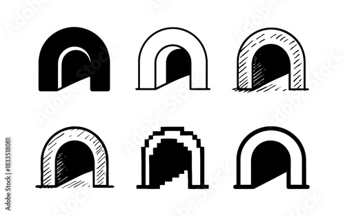 Collection of styled architectural arches: minimalist and pixel art designs