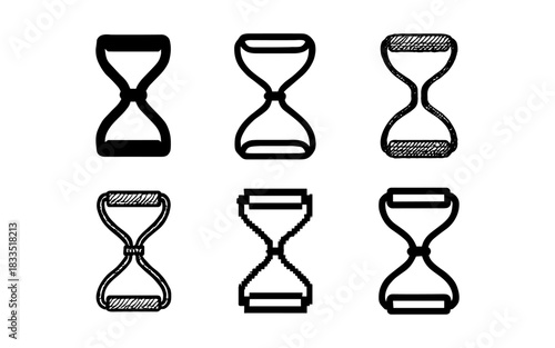 Diverse hourglass designs in various styles including linear and pixel art