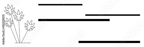 Stylized leafy plant on the left alongside clean, parallel black horizontal stripes. Ideal for modern design, nature, layout concepts, spacing, balance, minimalism geometric abstraction. A simple