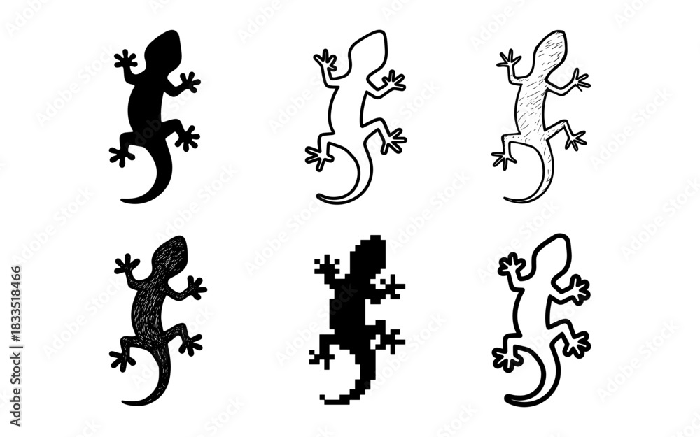 Fototapeta premium Set of six lizard silhouettes in various artistic styles including pixel and sketch