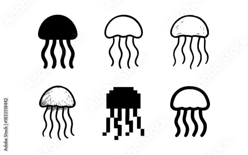 Diverse jellyfish icons in various artistic styles
