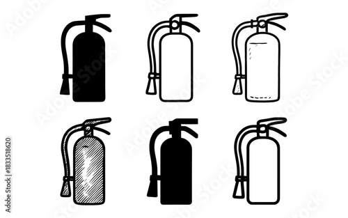 Fire extinguisher icons: black and white variations for safety design concepts