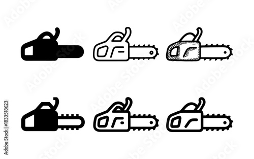 Chainsaw icon set in mixed styles: silhouette, outline, sketch