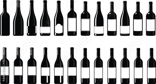 Wine bottle silhouettes, alcohol packaging design, beverage container set, blank label templates, wine collection illustration, black and white vector bottles
