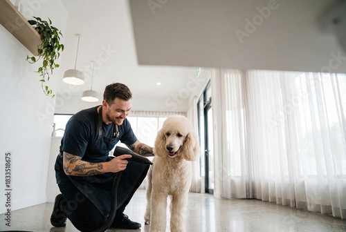 Tattooed male groomer blow drying standard poodle in modern sunny pet salon