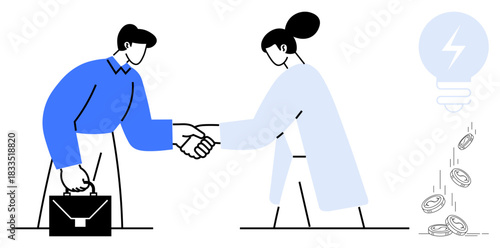 Business relationships, teamwork, financial success, energy innovation, investment agreements, collaboration. Two people shaking hands with coins and a lightbulb nearby. Business relationships