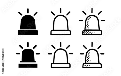 Set of emergency sirens in linear and solid styles with light rays