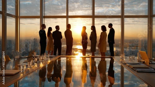 Boardroom Visionaries: A gathering of business executives in a modern boardroom, silhouetted against a panoramic city view as the sun sets, casting a golden hue, symbolizing leadership, teamwork.