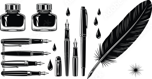 Writing tools vector set, black and white illustration, fountain pens, ink bottles, quill, droplets, calligraphy, vintage stationery art