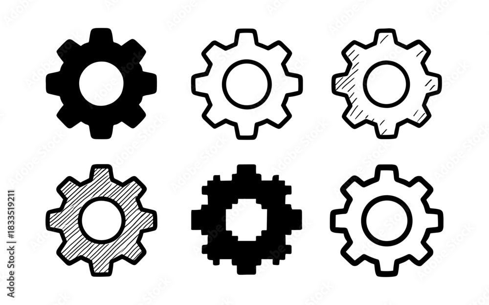 Obraz premium Set of gear icons: six variations in minimalist style