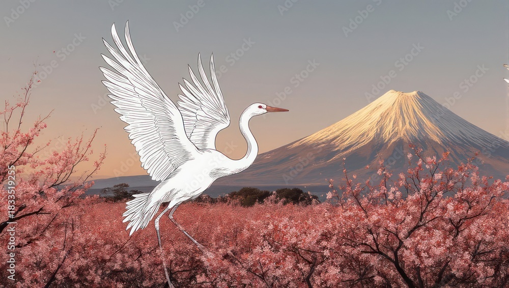 Fototapeta premium A white crane takes flight over blossoming cherry trees with a majestic mountain in the background