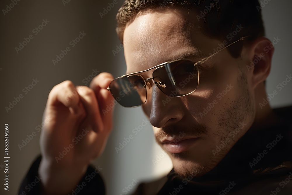 Obraz premium Stylish man adjusting sunglasses with a serious expression in a moody atmosphere