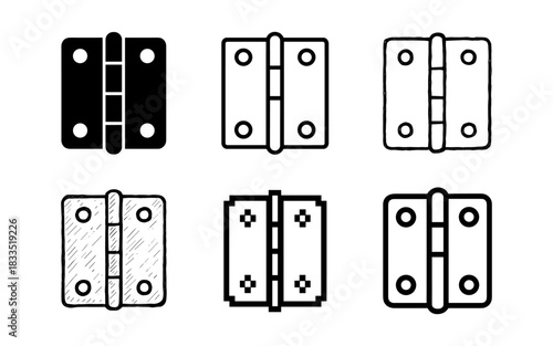 Set of door hinge icons in various styles: solid, outline, sketch, doodle, pixel, minimalist