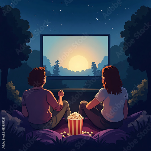 Couple enjoying a romantic outdoor movie night under the stars with popcorn