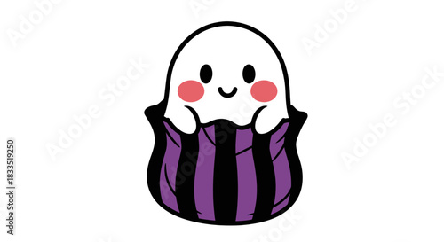 Cute cartoon ghost with blushing cheeks peeking out of a striped bag for Halloween