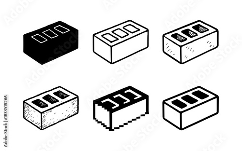 Collection of bricks in various artistic styles: monochrome, outlined, textured, and pixelated