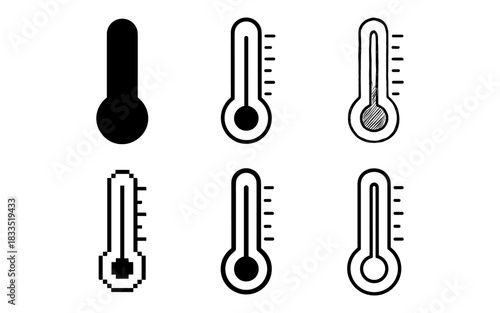 Thermometer icons: diverse styles including pixel, outline, and sketch variations