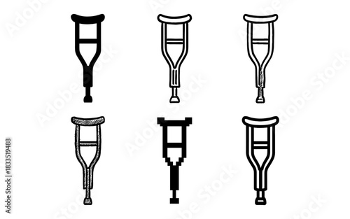 Collection of crutch designs in various styles: silhouette, sketch, pixel, line art, and more