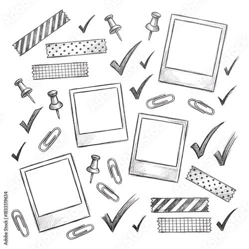 Hand-drawn elements for design polaroid frames, push pins, washi tape, paper clips, and check marks
