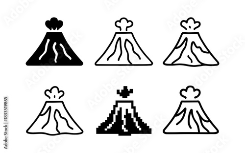 Volcano icons: diverse styles in silhouette, pixel, and outline for geology themes