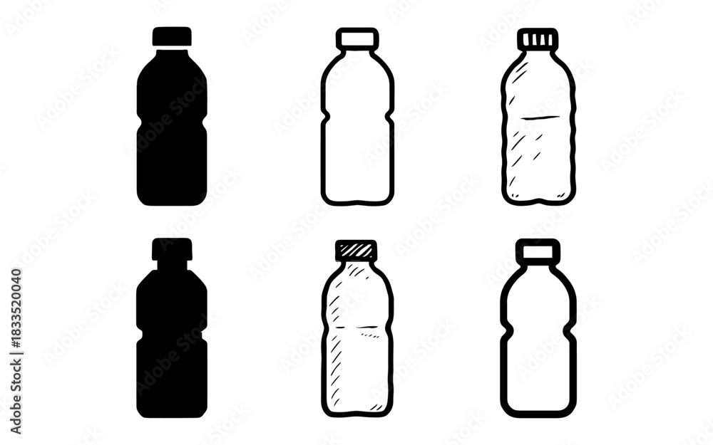 Fototapeta premium Collection of outline and solid bottles in black and white style