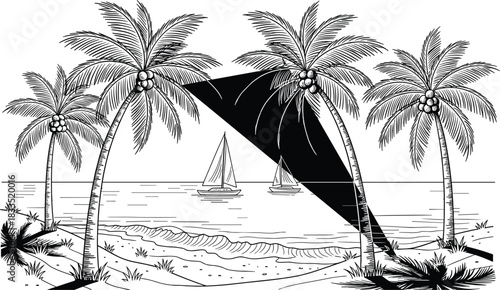 tropical beach palm illustration, seaside landscape drawing, ocean view artwork with boats, exotic island scene vector design for travel themes
