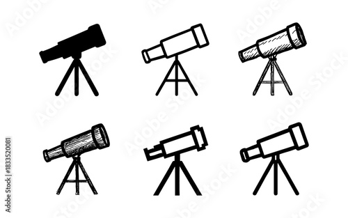 Telescope icon set in various artistic styles including silhouette and linear designs
