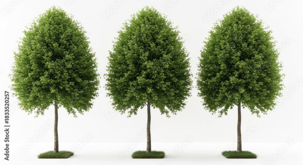 Fototapeta premium Three symmetrical trees with green foliage on square grass bases