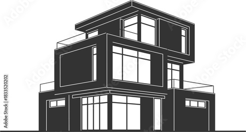 Modern multi-story house illustration, flat roof, large windows, minimalist architecture, balconies, geometric design, black and white vector, isolated sketch