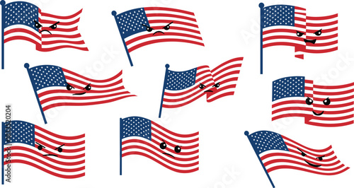 USA, flag, emotion, face, expression, patriotic, waving, character, symbol, red, white, blue, happy, sad, angry, mischievous, animated, festive, vector, design