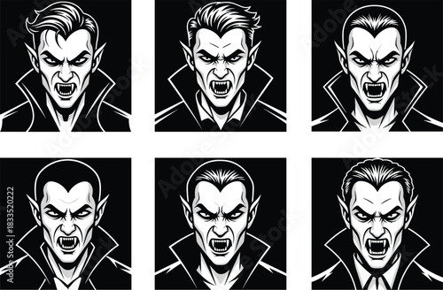 Vampire character illustrations, fierce undead faces, gothic horror art, monster portraits, fang-bearing vampire designs, dark fantasy villain vector set