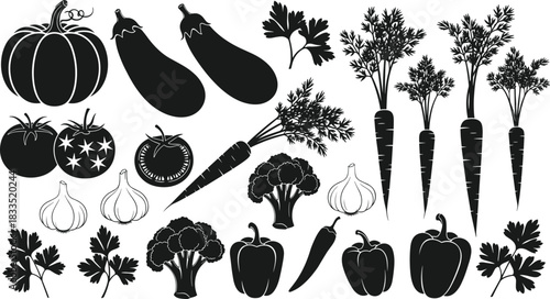 Vegetable silhouette collection, black and white food icons, healthy organic produce, herbs and veggies clipart for cooking, gardening, nutrition design