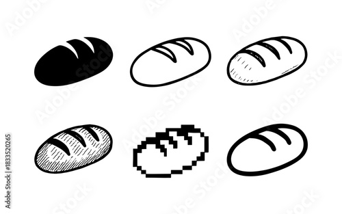 Bread design set: silhouette, sketch, pixel, and line art styles for bakery themes