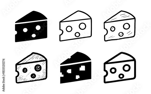 Set of minimalist cheese icons in various line art styles