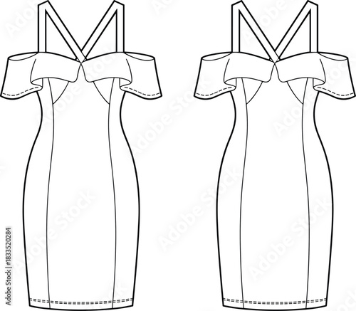 Off-the-shoulder dress technical sketch, sweetheart neckline, double strap design, fitted silhouette, fashion flat vector illustration