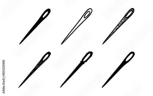 Stylized needle collection: black and white hand-drawn sewing designs