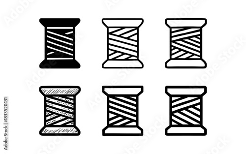 Set of spool icons in various styles: flat, linear, and hand-drawn designs