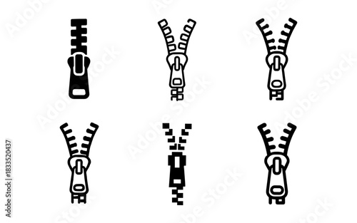 Set of zipper icons in simple black silhouette design